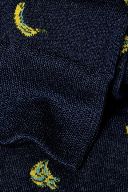 Navy dress socks close-up knit with yellow banana pattern
