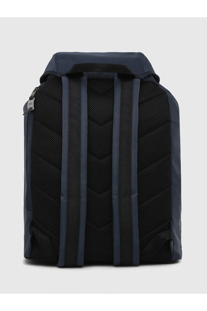 Navy backpack with padded back, vertical striped webbing, and top carry handle