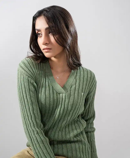 Green rib-knit V-neck sweater with long sleeves and smooth, close fit