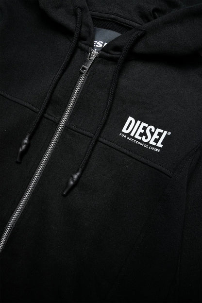 Black zip-up hoodie with DIESEL logo and silver zipper