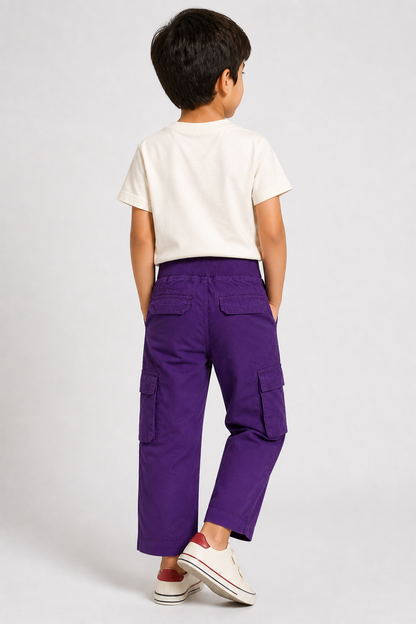 Purple cargo pants with elastic waistband and back cargo pockets