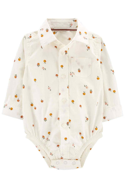 Baby long-sleeve fruit print bodysuit, white button front