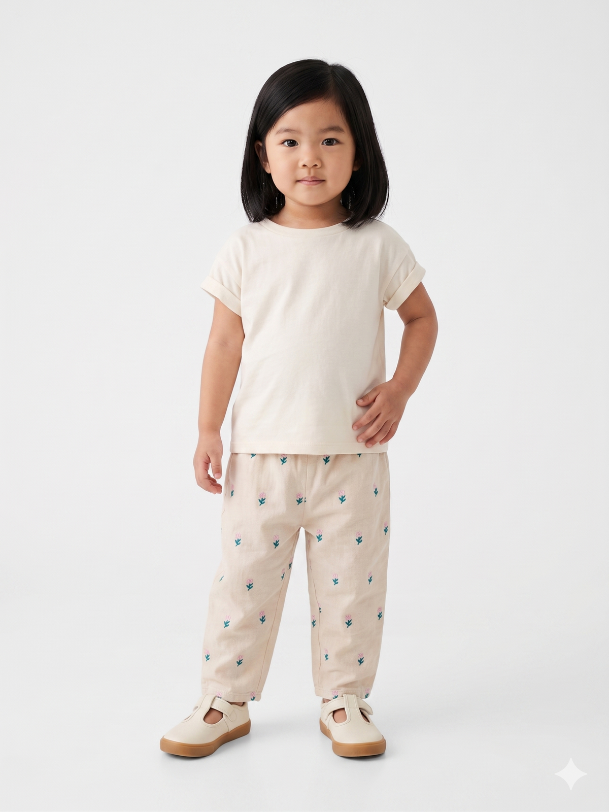Cream kids' pants with teal and pink cactus print, elastic waistband