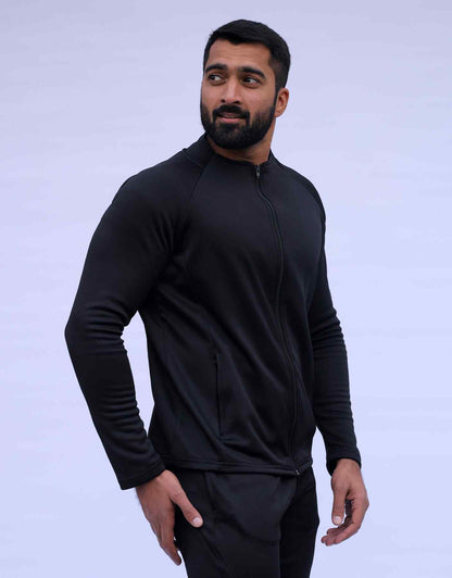 Men's black zip-up athletic jacket, front angled view with long sleeves