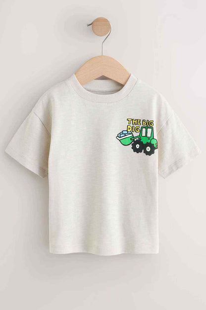 White kids graphic T-shirt with 'The Big Dig' green tractor and text print, crew neck