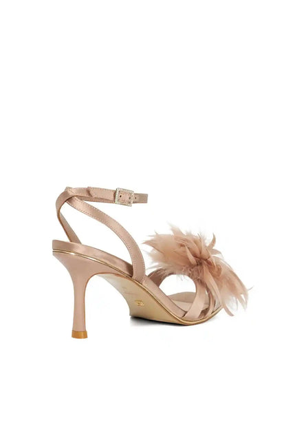 Mink feather-strap heeled sandals with slingback ankle strap, open toe