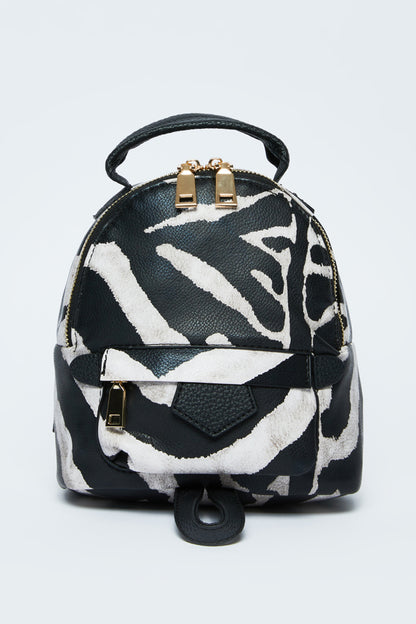 Zebra print mini top-handle backpack with gold-tone locks and adjustable strap
