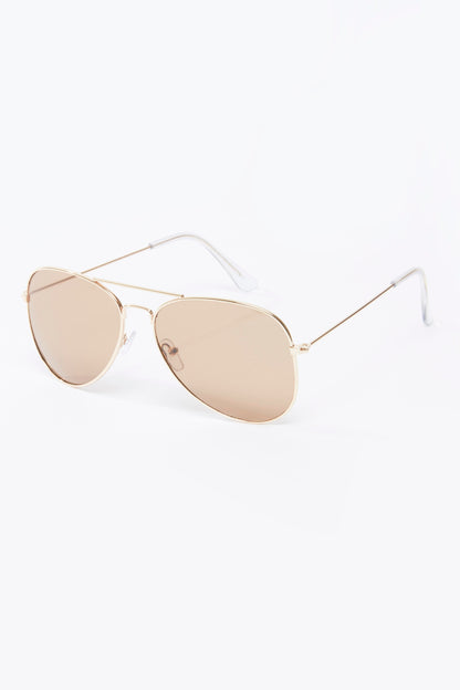 Splash sunglasses with thin gold frame and peach-tinted teardrop lenses
