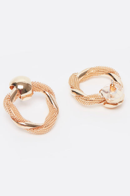 Gold beaded hoop earrings showing hinge and round clasp