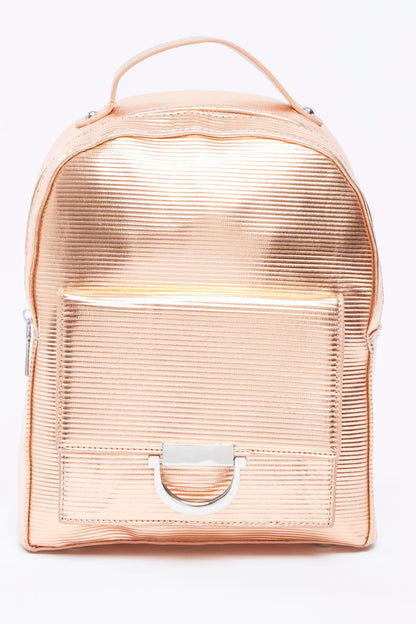 Pink rose-gold mini backpack with top handle and front flap pocket