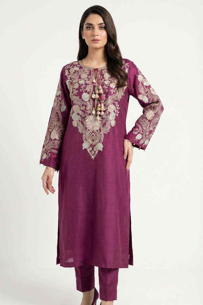 Plum embroidered long tunic with round neckline, bead tassels, and straight hem.