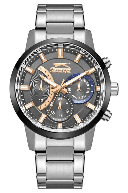 Silver metal wristwatch with dark round dial, orange indices, and three subdials