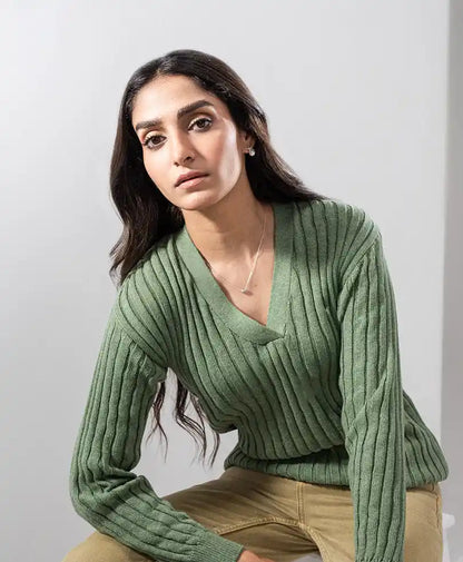 Green rib-knit V-neck sweater with long sleeves and fitted waist