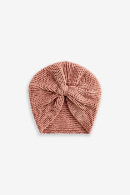 Pink rib-knit turban beanie with knotted top