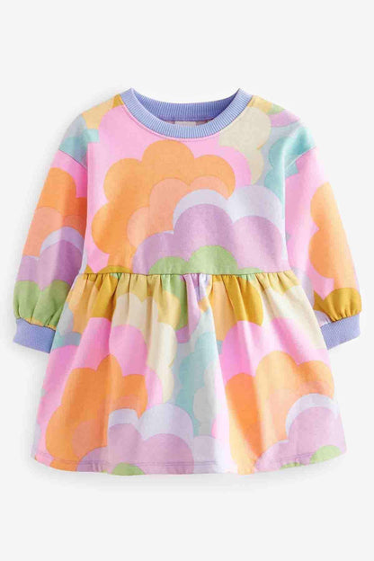 Kids long-sleeve cloud print dress with elastic waist and multicolor skirt