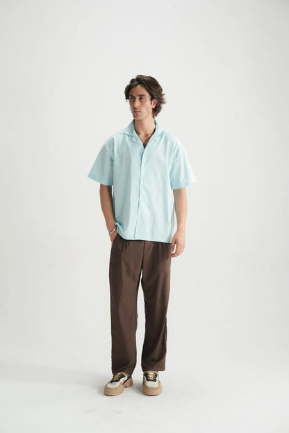 Sky blue short-sleeve button-up shirt, relaxed fit front view