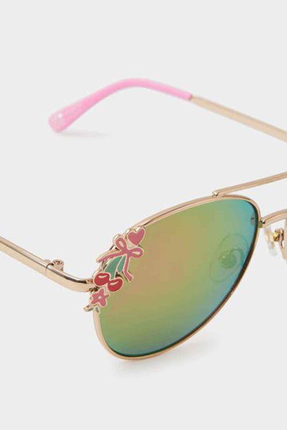 Accessorize pink sunglasses with floral charms and green mirrored lenses