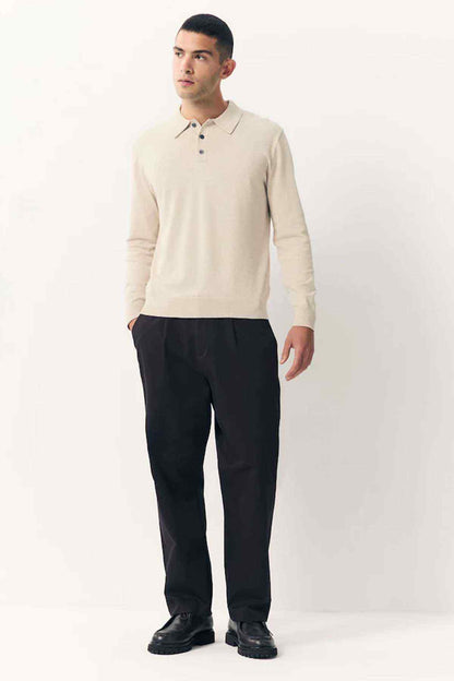 Men's light beige long-sleeve knit polo sweater with collar and three-button placket