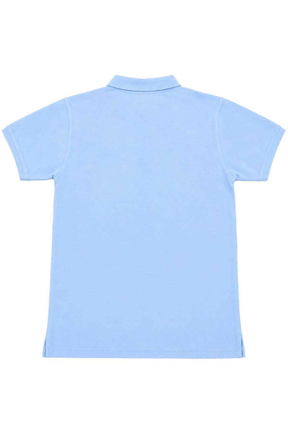 Sky blue polo shirt back view with short sleeves and collar