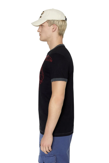 Black T-shirt with short sleeves and red side graphic; crew neckline