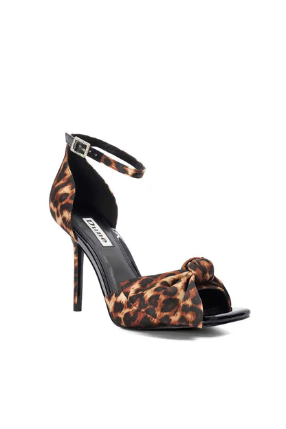 Leopard print heeled sandal with ankle strap buckle and peep toe