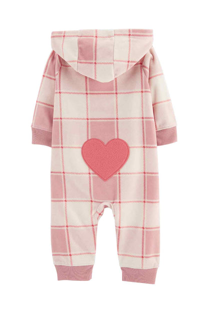 Pink plaid hooded baby romper with heart applique on the chest, long sleeves