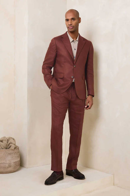 Men's brown suit jacket and trousers with single-breasted blazer and straight legs