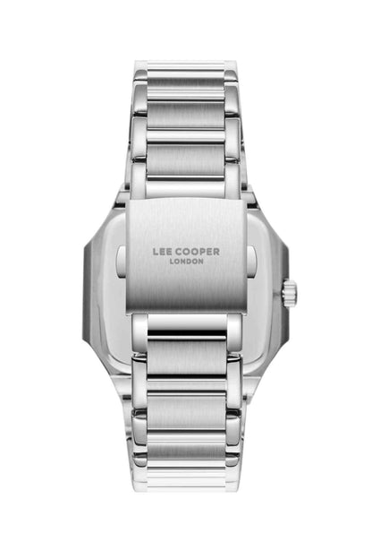 Silver metal wristwatch with metallic dial, baton hour markers, date window at 3