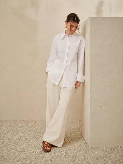 Licci white button-up shirt & wide-leg trousers set, relaxed fit, long pants