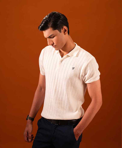 Off-white fitted striped polo shirt, button collar; short-sleeve side view