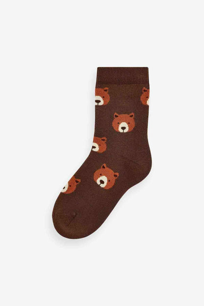 Brown kids sock with scattered bear faces and ribbed cuff