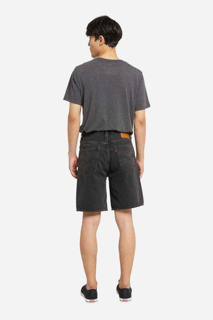 Black denim shorts back view with belt loops and rear pocket stitching