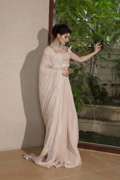 Beige velour draped dress, back drape view, short sleeves and beaded neckline