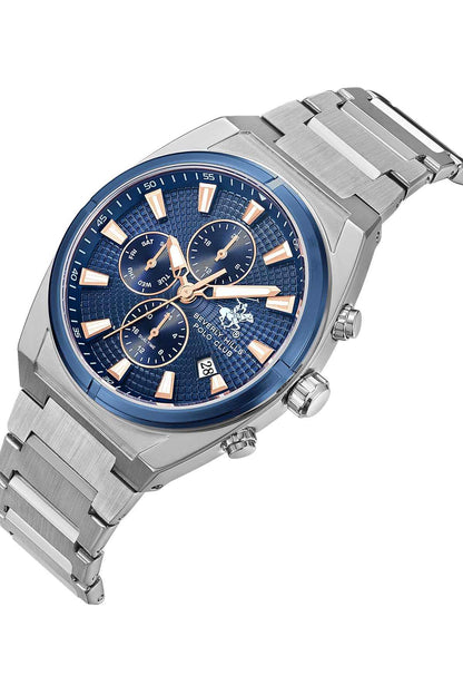 Silver chronograph watch angled view, blue dial with subdials and side pushers/crown