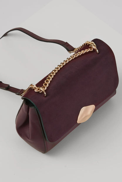 Burgundy leather crossbody handbag with gold chain and sculpted metal clasp
