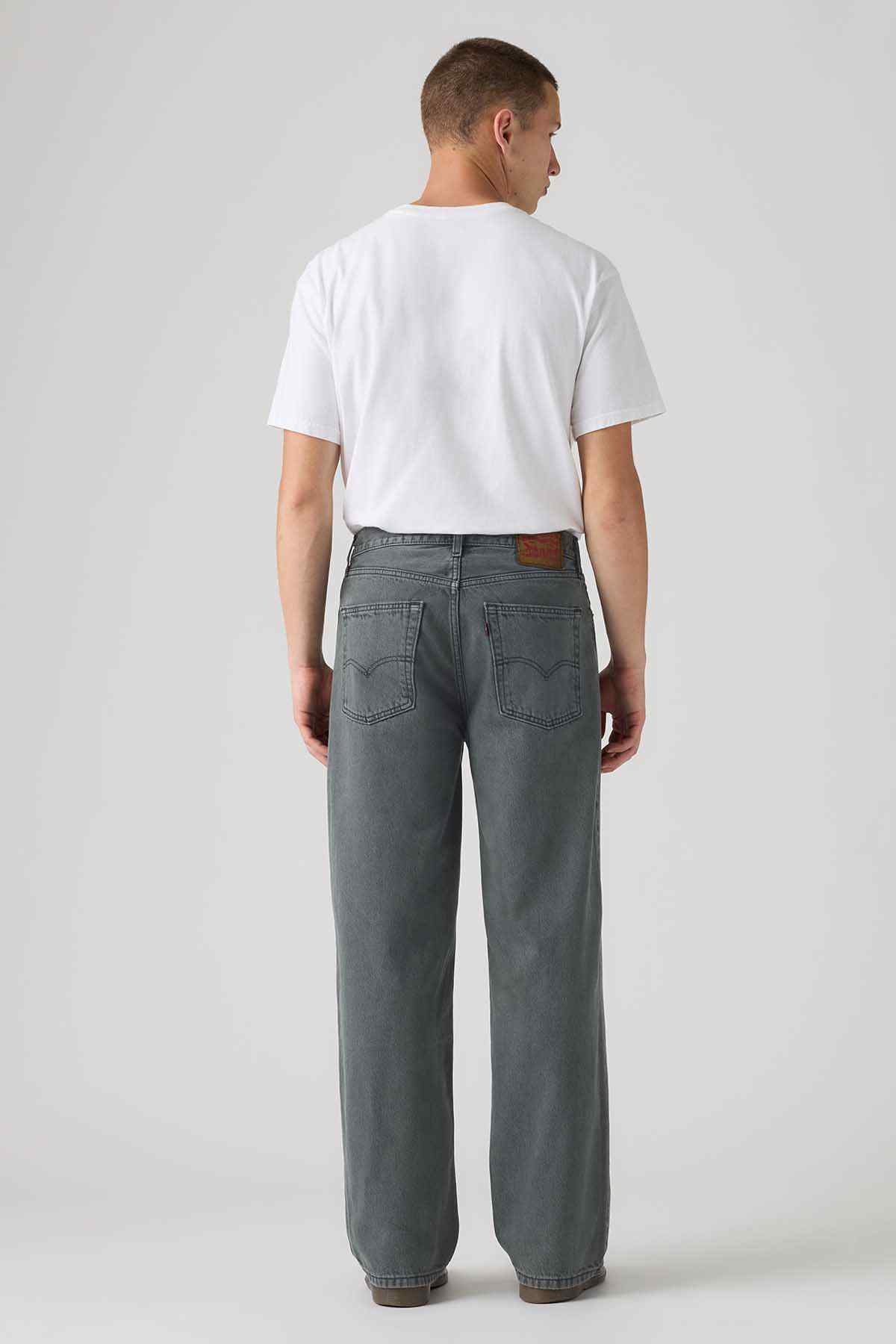 Dark gray straight jeans, back view with yoke and rear pockets