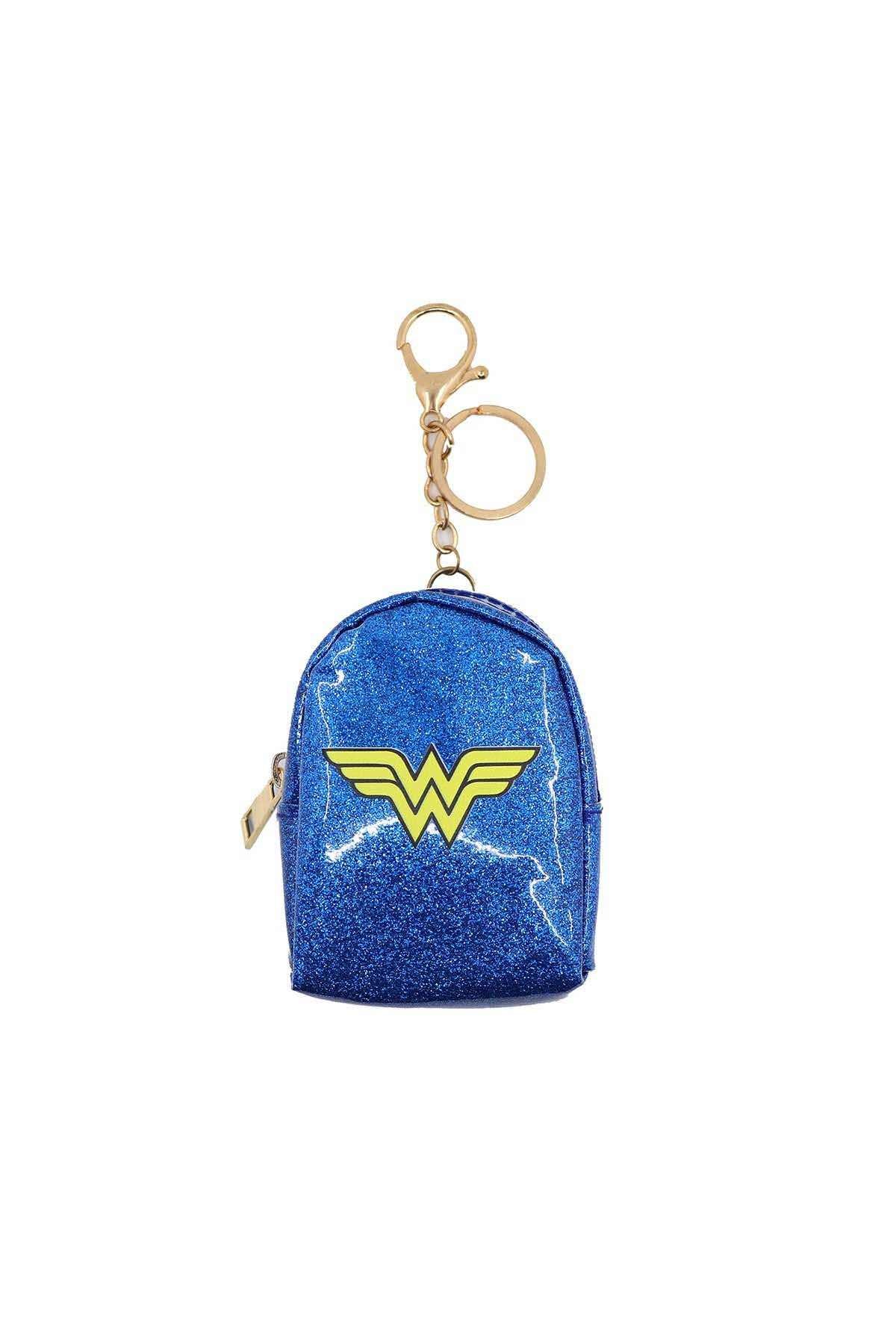 Disney Wonder Woman mini backpack keychain, blue glitter, yellow logo