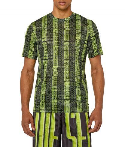 Diesel neon green graphic T-shirt with vertical text pattern, crew neck