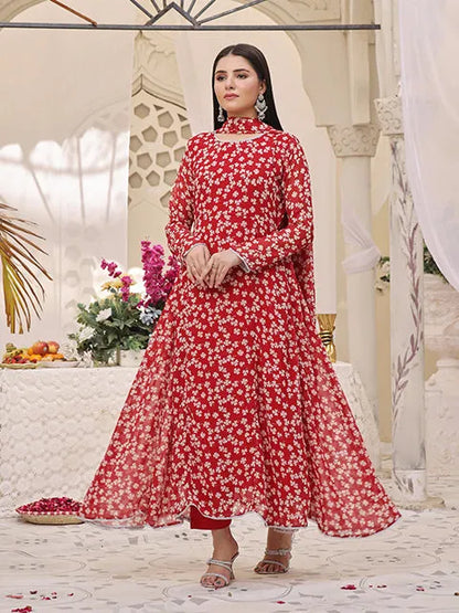 Red floral maxi dress with high neck and long sleeves, ankle-length hem.