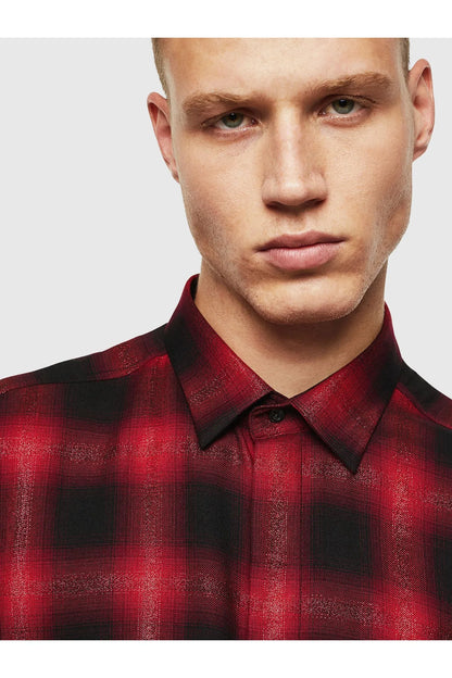Red and black plaid button-up shirt with pointed collar and button placket