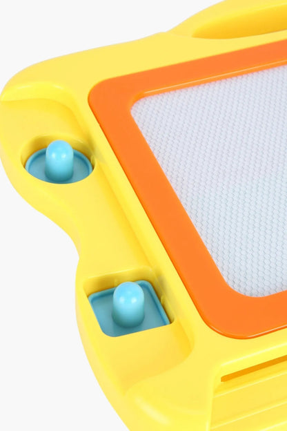 Close-up of yellow color doodle tablet with orange frame and blue button controls