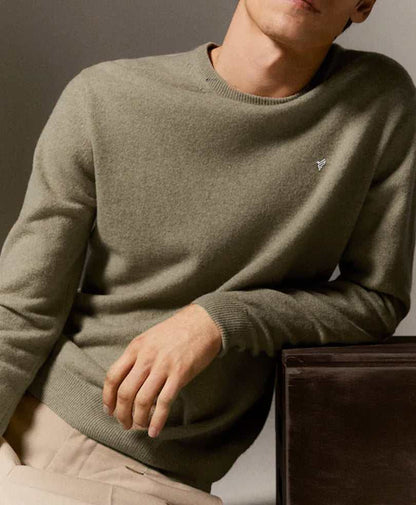 Fitted olive green crewneck sweater with long sleeves and small chest logo