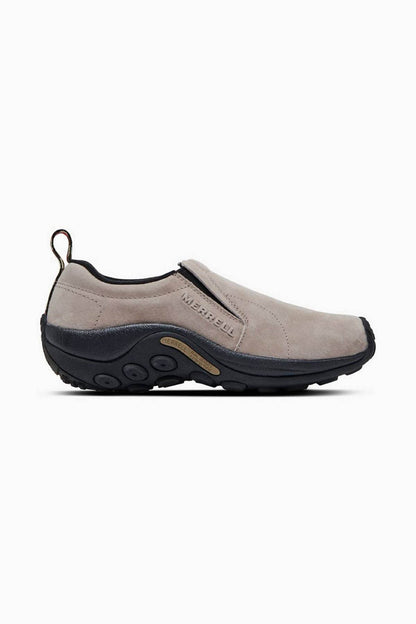 Taupe slip-on suede shoes with black rubber sole and cushioned collar