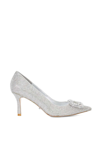 Silver rhinestone pointed-toe stiletto pump with bow detail