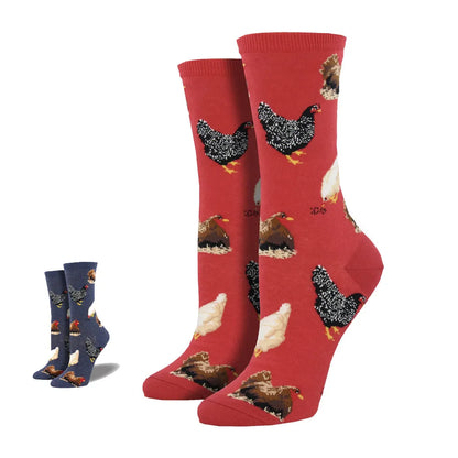 Red crew socks, two pairs shown, all-over chicken and farm animal pattern
