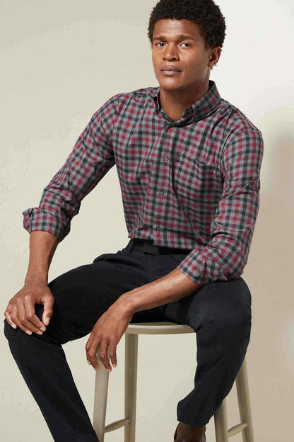 Mens plaid button-up shirt with spread collar and long sleeves