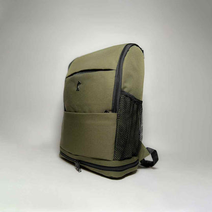 Olive mini backpack with black trim, front zipper pocket and side mesh panels