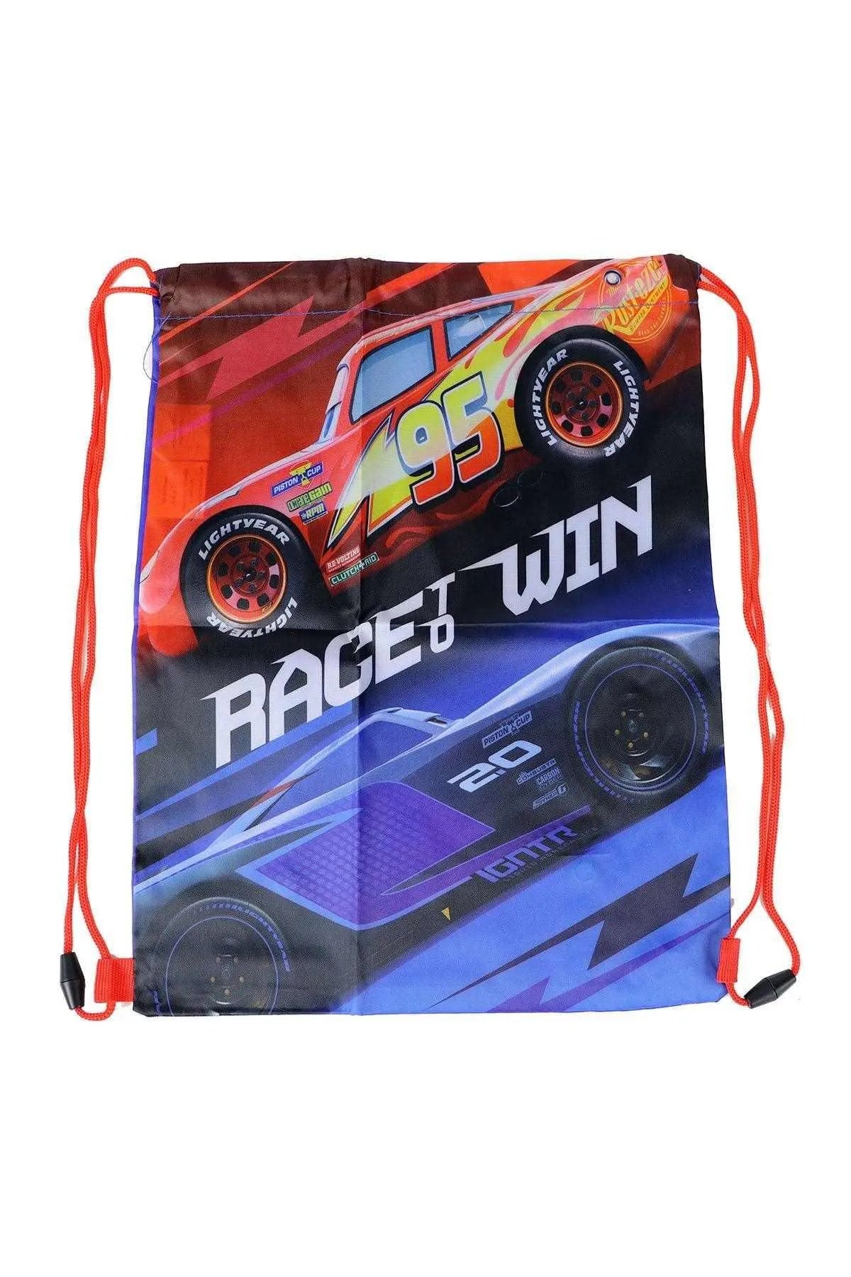 Race car drawstring bag with red drawcords, orange blue print and 'RACE WIN' text