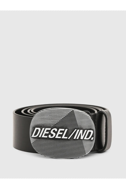 Diesel black leather belt with round striped logo buckle