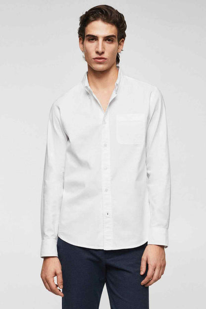 White long-sleeve button-up shirt with chest pocket and spread collar